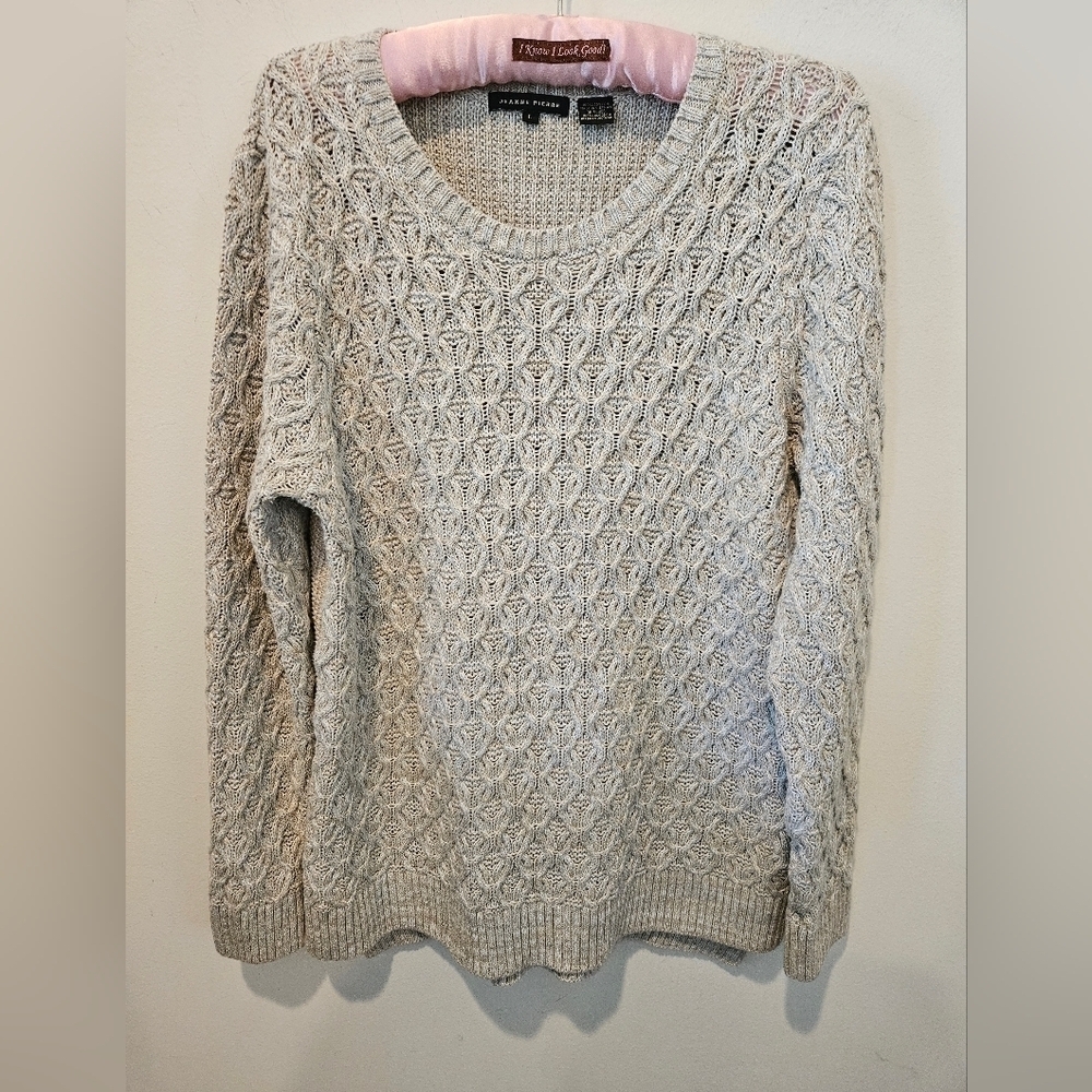 JEANNE PIERRE WOMEN'S BEIGE FRONT CABLE KNIT REAR WAFFLE KNIT SWEATER SIZE LARGE